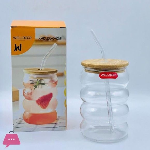 WELLDECO Round Glass Sipper with Glass Straw Tumbler Can with Lid
