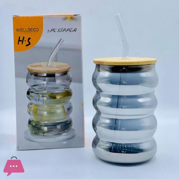 WELLDECO Round Glass Sipper with Glass Straw Tumbler Can with Lid