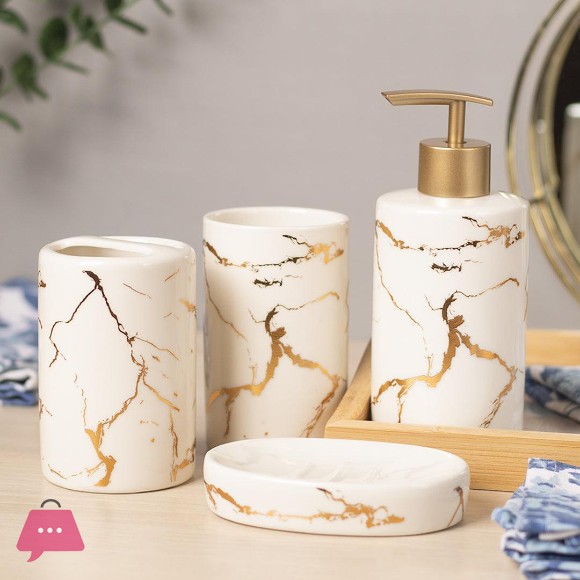 White Gold Marble Design Bathroom Set - 4pcs