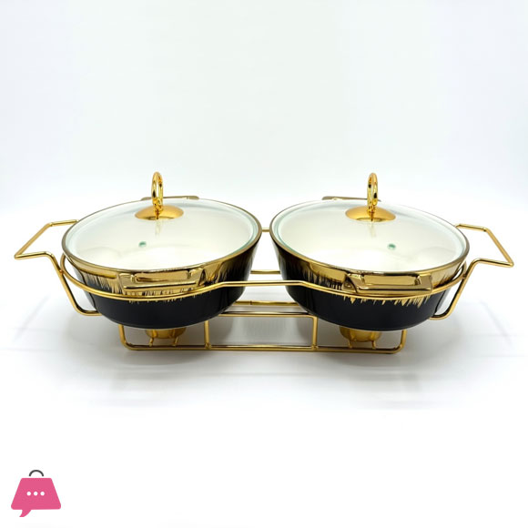 Twin Ceramic Dishes Buffet Dish Set Premium Gold-Plated Stainless Steel Frame Oval