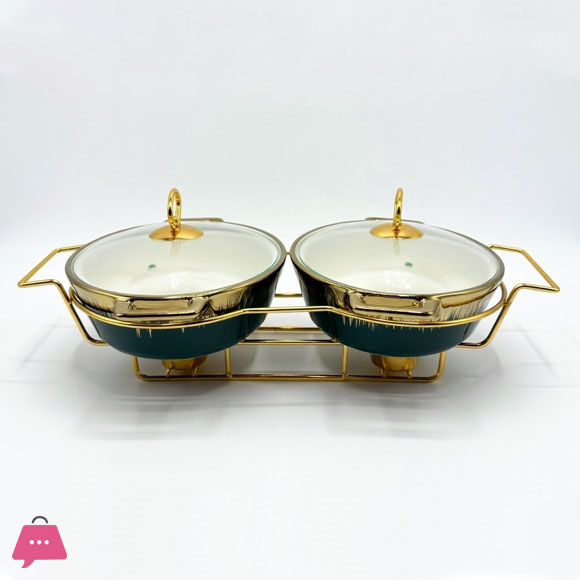 Twin Ceramic Dishes Buffet Dish Set Premium Gold-Plated Stainless Steel Frame Oval