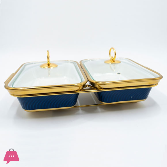 12 Inch Wavy Textured Rectangular Twin Chafing Dish with Glass Lid Gold Stand