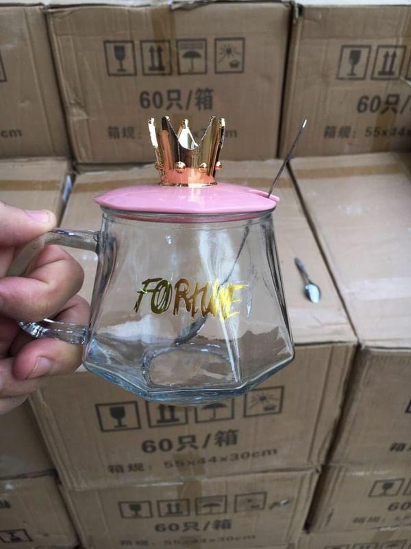 Golden Crown Shape Mug Tea-Coffee Mug Glass Cup with Handle, Stainless Steel Spoon