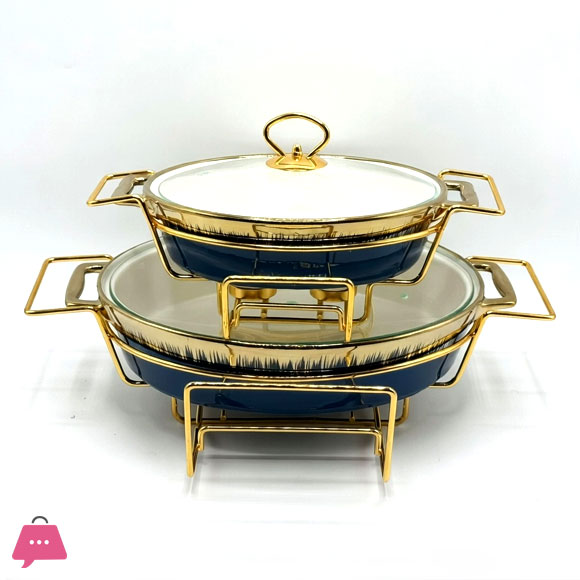 2-Piece Ceramic Buffet Dish Premium Gold-Plated Stainless Steel Frame Oval