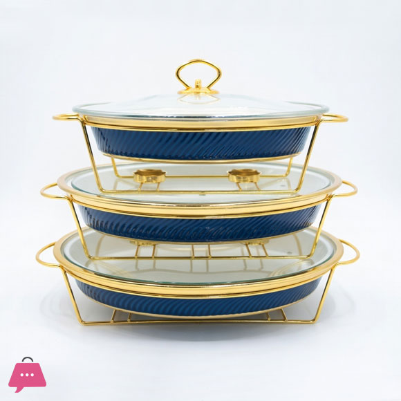 3-Pcs Wavy Textured Ceramic Dishes Buffet Dish with Glass Lid Chafing Dish Elegant Gold Stand Blue