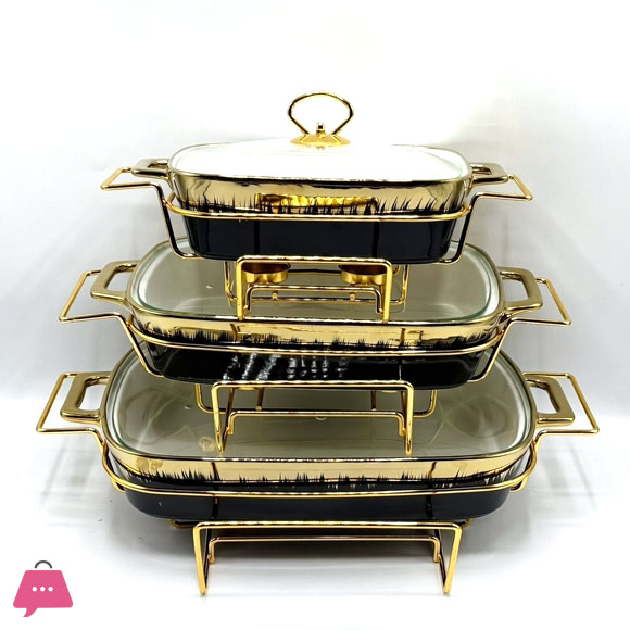 3-Piece Ceramic Dishes Buffet Dish Premium Gold-Plated Stainless Steel Frame Rectangle
