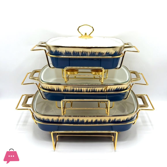 3-Piece Ceramic Dishes Buffet Dish Premium Gold-Plated Stainless Steel Frame Rectangle