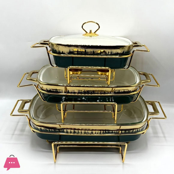 3-Piece Ceramic Dishes Buffet Dish Premium Gold-Plated Stainless Steel Frame Rectangle