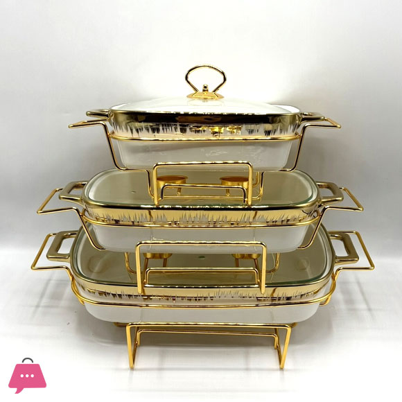 3-Piece Ceramic Dishes Buffet Dish Premium Gold-Plated Stainless Steel Frame Rectangle