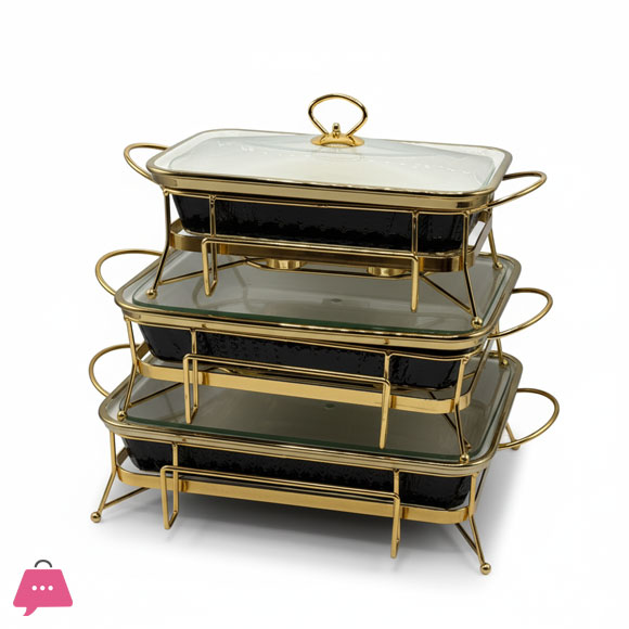 3-Piece Ceramic Dishes Buffet Dish Set Premium Gold-Plated Stainless Steel Frame Rectangle
