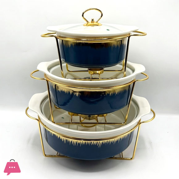 3-Piece Ceramic Dishes Buffet Dish Set Premium Gold-Plated Stainless Steel Frame Round