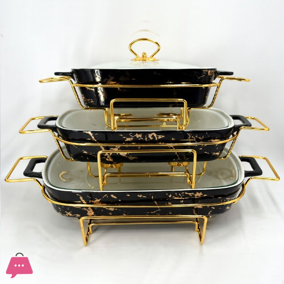3-Piece Marble Design Ceramic Buffet Dish Premium Gold-Plated Stainless Steel Frame Rectangle