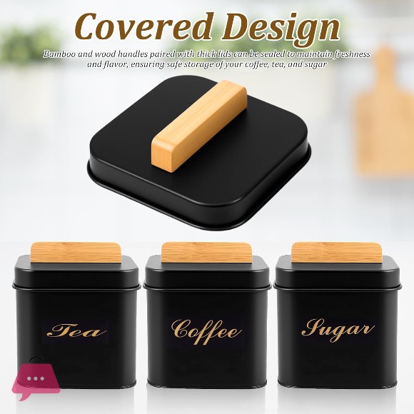 3 Pcs Coffee Tea Sugar Container Set 1200 ml Vintage Set with Bamboo Handle
