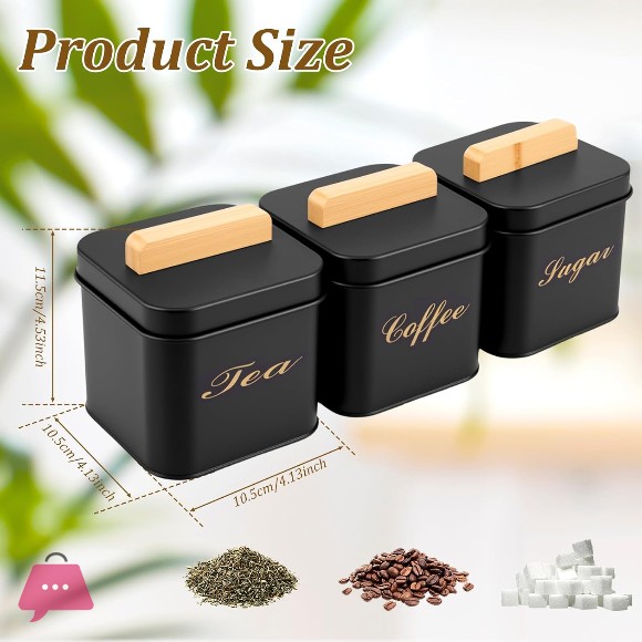 3 Pcs Coffee Tea Sugar Container Set 1200 ml Vintage Set with Bamboo Handle