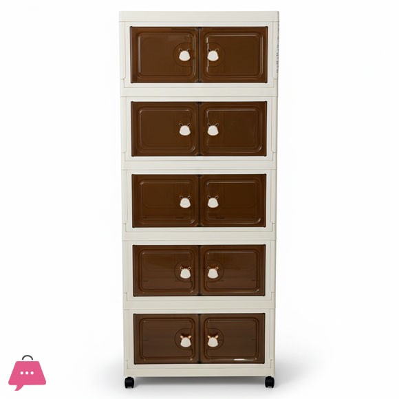 5 Tier Storage Cabinet, Lid-Style Easy Assembly Storage Cabinet with Display Doors with Wheels
