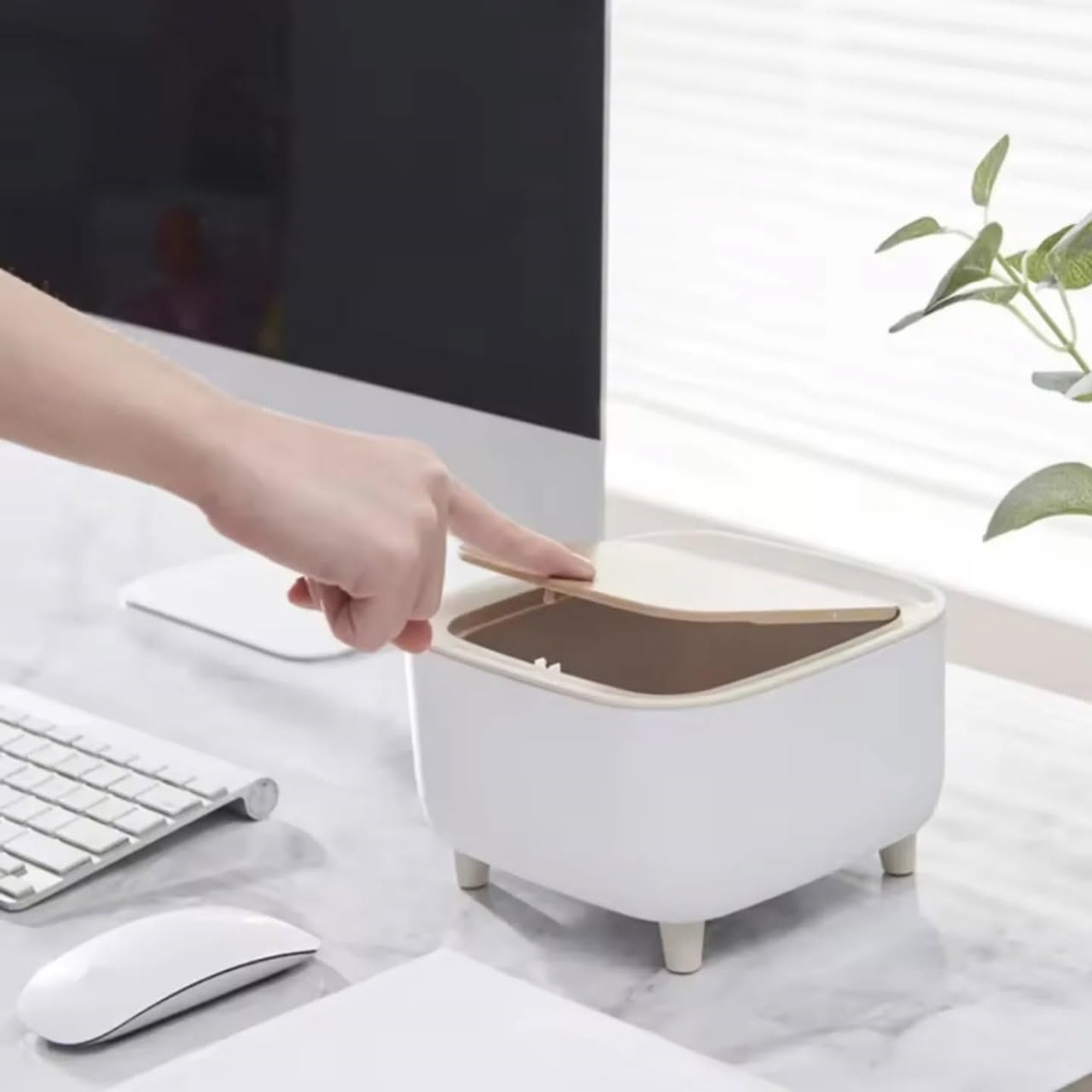Mini Portable Tabletop Dustbin, Mini Trash Can with Lid Square Press - White