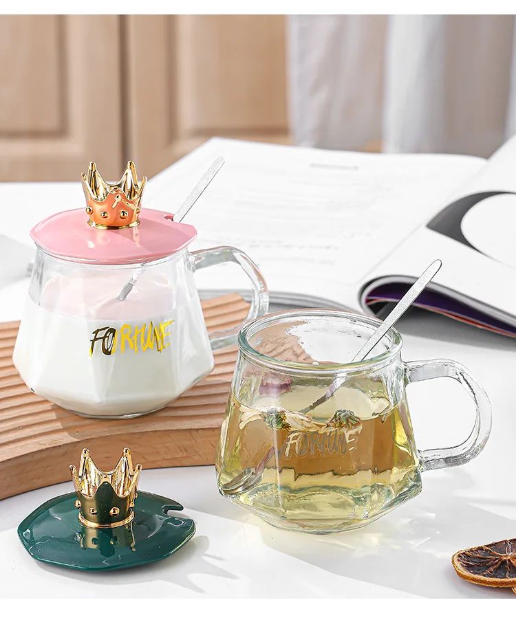 Golden Crown Shape Mug Tea-Coffee Mug Glass Cup with Handle, Stainless Steel Spoon