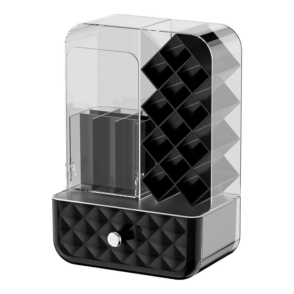 Bathroom Cosmetic Organizer with Dust Cover | Acrylic Makeup Storage Box with Lipstick Holder & Brush Compartments | Vanity Countertop Organizer, Black