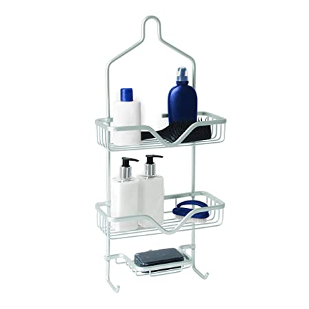 Aluminum Shower Caddy Bathroom Hanging Head Two Basket Organizers Plus Dish Storage Shelves Shampoo, Conditioner Soap