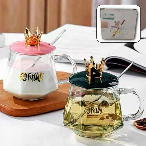 Golden Crown Shape Mug Tea-Coffee Mug Glass Cup with Handle, Stainless Steel Spoon