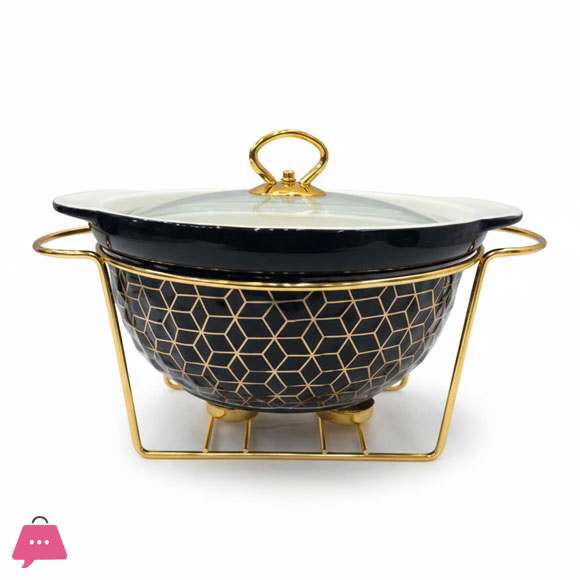 Black & Gold Serving Bowl with Glass Lid Round Chafing Dish Elegant Gold Stand 10.5 Inch