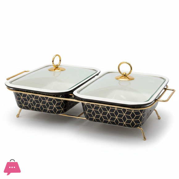Black & Gold Twin Ceramic Dishes Buffet Dish Premium Gold-Plated Stainless Steel Stnad Rectangle