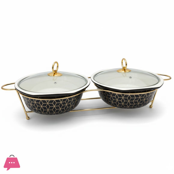 Black & Gold Twin Ceramic Dishes Buffet Dish Premium Gold-Plated Stainless Steel Stnad Rectangle