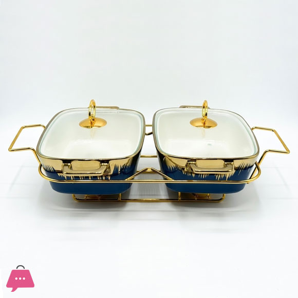 Twin Ceramic Dishes Buffet Dish Set Premium Gold-Plated Stainless Steel Frame Rectangle