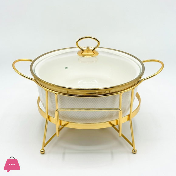 Round Ceramic Dishes Buffet Dish Premium Gold-Plated Stainless Steel Frame 10 Inch