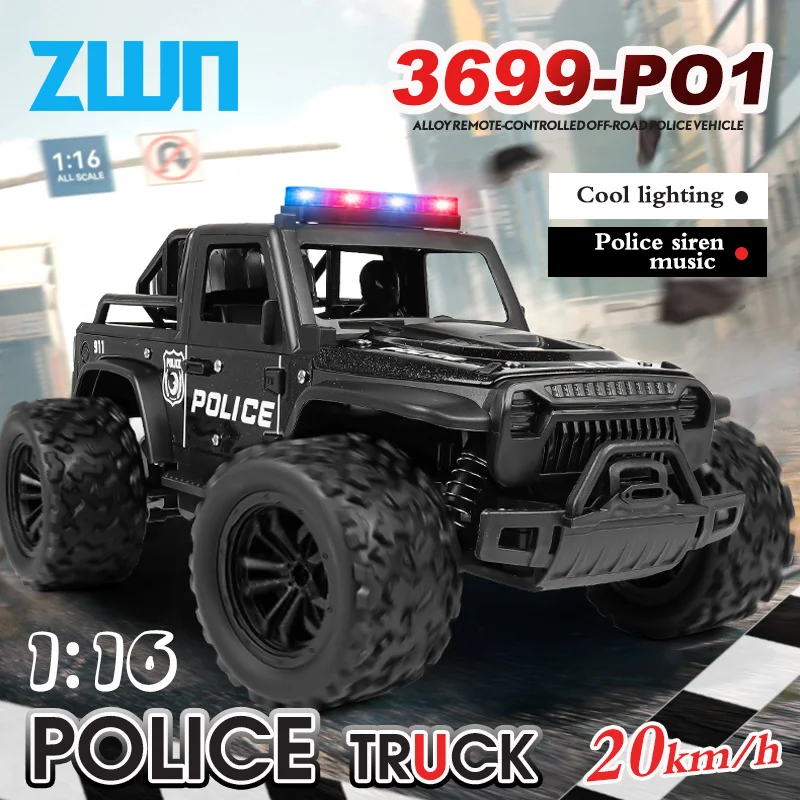 1:16 Alloy High Speed Off-Road Police Truck RC Car with Music Sound and LED Lights Outdoor Toy 2.4G Remote Control Cars