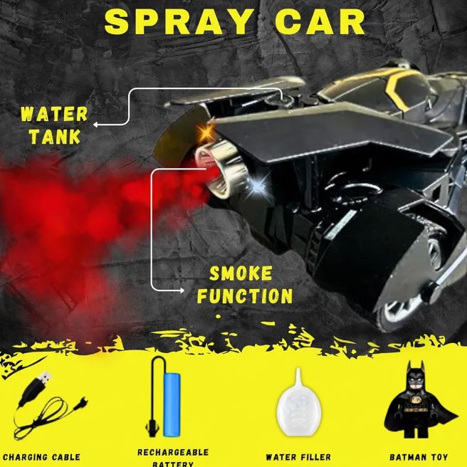 Batman RC Car with Bat Man Toy High Speed Remote Control Black Batmobile Car Spray Smoke with Lights Realistic Sound