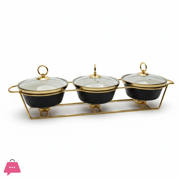 Triple Wavy Ceramic Dishes Buffet Dish Gold-Plated Stainless Steel Stand Oval 9 Inch