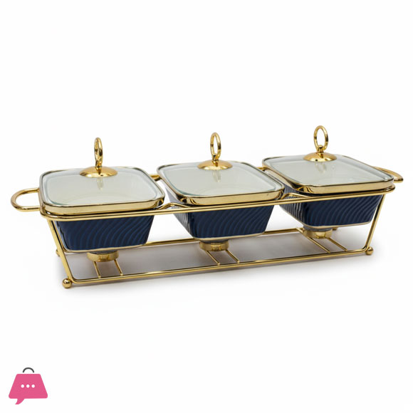 Triple Wavy Ceramic Dishes Buffet Dish Gold-Plated Stainless Steel Stand Oval 9 Inch