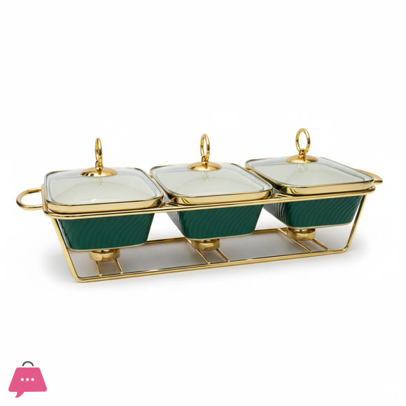 Triple Wavy Ceramic Dishes Buffet Dish Gold-Plated Stainless Steel Stand Oval 9 Inch