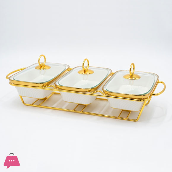 Triple Wavy Ceramic Dishes Buffet Dish Gold-Plated Stainless Steel Stand Oval 9 Inch