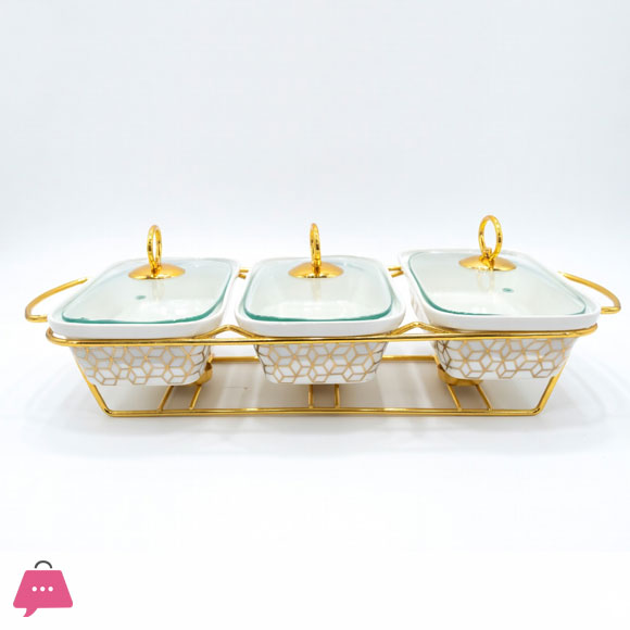 Triple Wavy Ceramic Dishes Buffet Dish Gold-Plated Stainless Steel Stand Oval 9 Inch