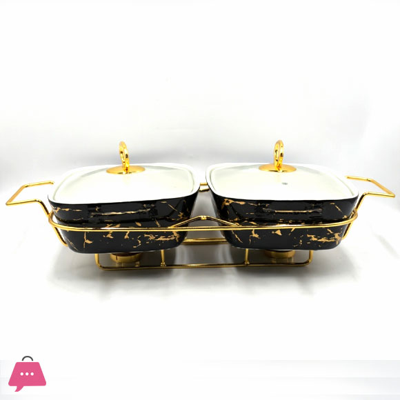 Twin Ceramic Dishes Buffet Dish Set Premium Gold-Plated Stainless Steel Frame Rectangle
