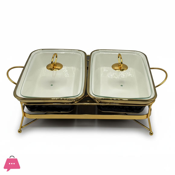 Twin Ceramic Dishes Buffet Dish Set Premium Gold-Plated Stainless Steel Frame Rectangle