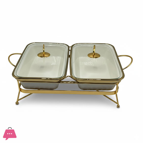 Twin Ceramic Dishes Buffet Dish Set Premium Gold-Plated Stainless Steel Frame Rectangle