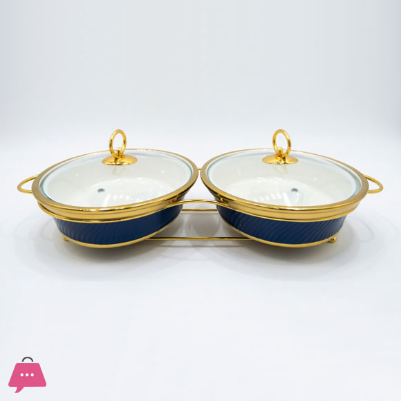 Twin Wavy Ceramic Dishes Buffet Dish Gold-Plated Stainless Steel Stand Oval 12 Inch