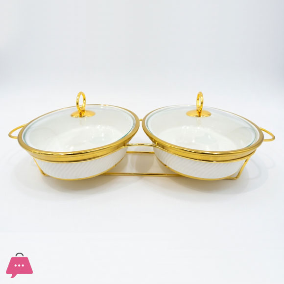 Twin Wavy Ceramic Dishes Buffet Dish Gold-Plated Stainless Steel Stand Oval 12 Inch