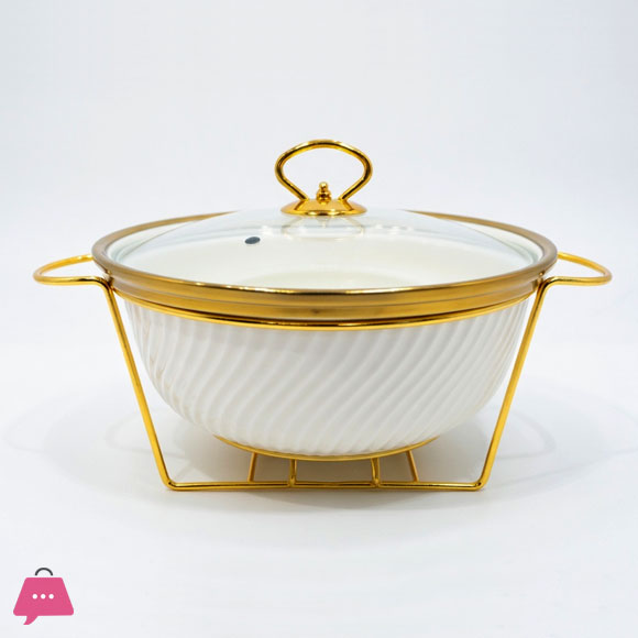 Wavy Textured Serving Bowl with Glass Lid Round Chafing Dish Elegant Gold Stand 10 Inch