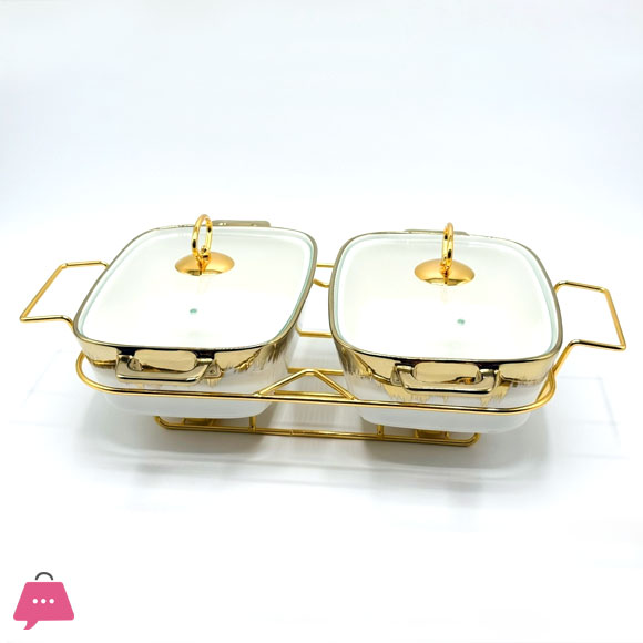 Twin Ceramic Dishes Buffet Dish Set Premium Gold-Plated Stainless Steel Frame Rectangle