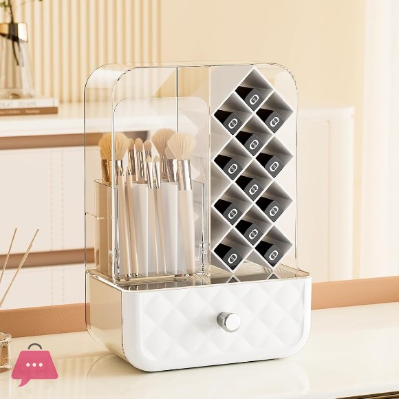 Bathroom Cosmetic Organizer with Dust Cover | Acrylic Makeup Storage Box with Lipstick Holder & Brush Compartments | Vanity Countertop Organizer, Black
