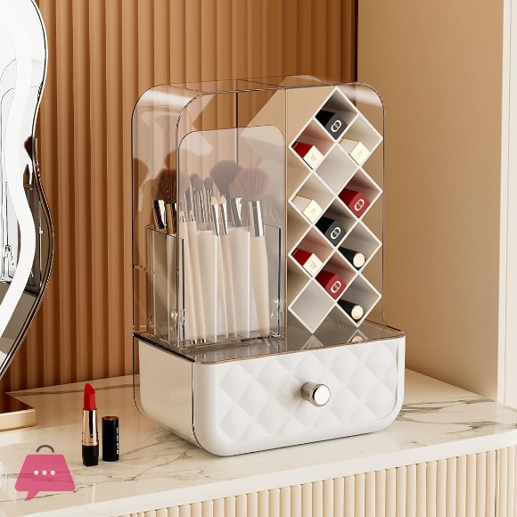 Bathroom Cosmetic Organizer with Dust Cover | Acrylic Makeup Storage Box with Lipstick Holder & Brush Compartments | Vanity Countertop Organizer, Black