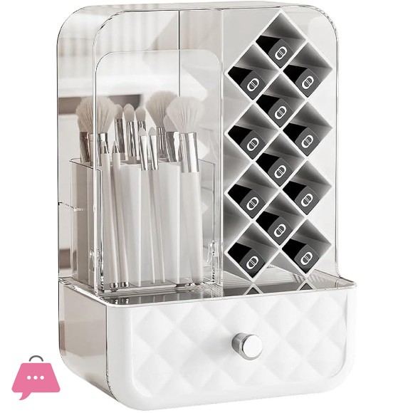 Bathroom Cosmetic Organizer with Dust Cover | Acrylic Makeup Storage Box with Lipstick Holder & Brush Compartments | Vanity Countertop Organizer, Black