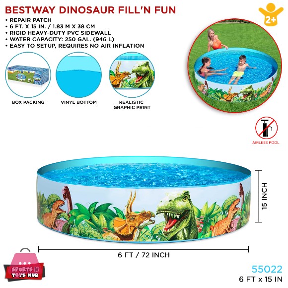 Bestway Dinosaur Fill N Fun witout Air Pool 6 Feet x 15 Inch- 55022