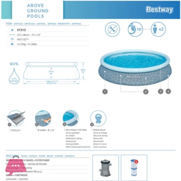 Bestway Fast Set Inflatable Pool Set Round Ring Above Ground Swimming Pool 15 Feet x 33 Inch - 57313