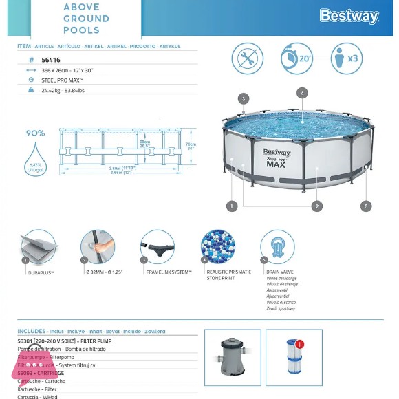 Bestway Steel Pro Max Pool Set Round Above Ground Pool 12 Feet x 30 Inch - 56416