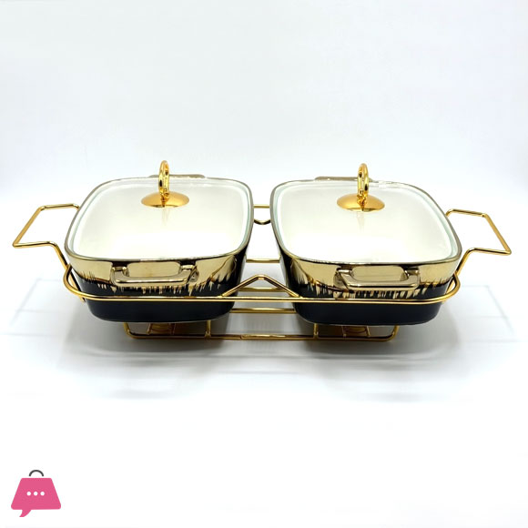 Twin Ceramic Dishes Buffet Dish Set Premium Gold-Plated Stainless Steel Frame Rectangle